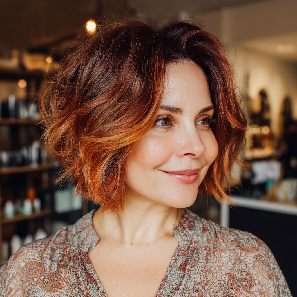 Textured Warm Copper Bob with Soft Waves