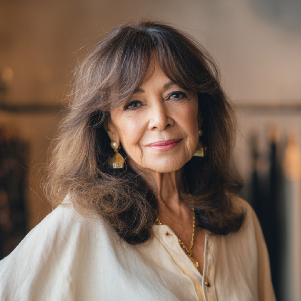 Voluminous Layered Haircut with Curtain Bangs for Mature Women