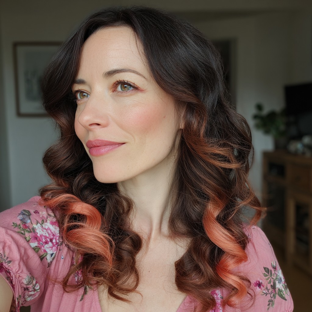 Warm Chestnut Curls with Subtle Peach Tips