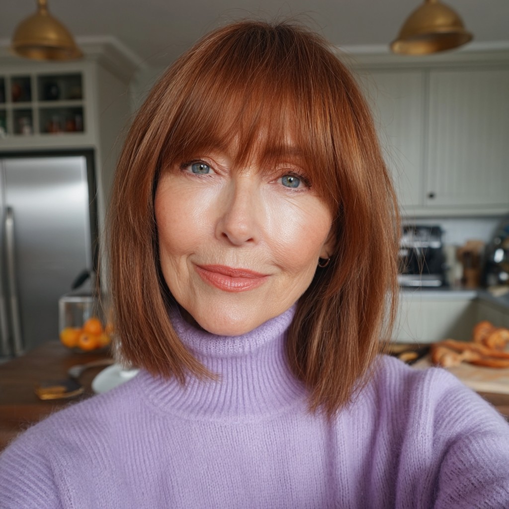 Warm Copper Shoulder-Length Cut with Soft Bangs