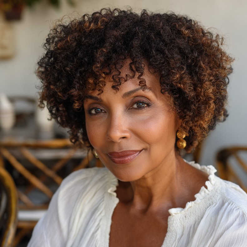 Beautiful Defined Curly Crop with Warm Highlights