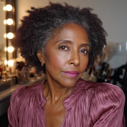 Textured Natural Afro with Soft Silver Highlights