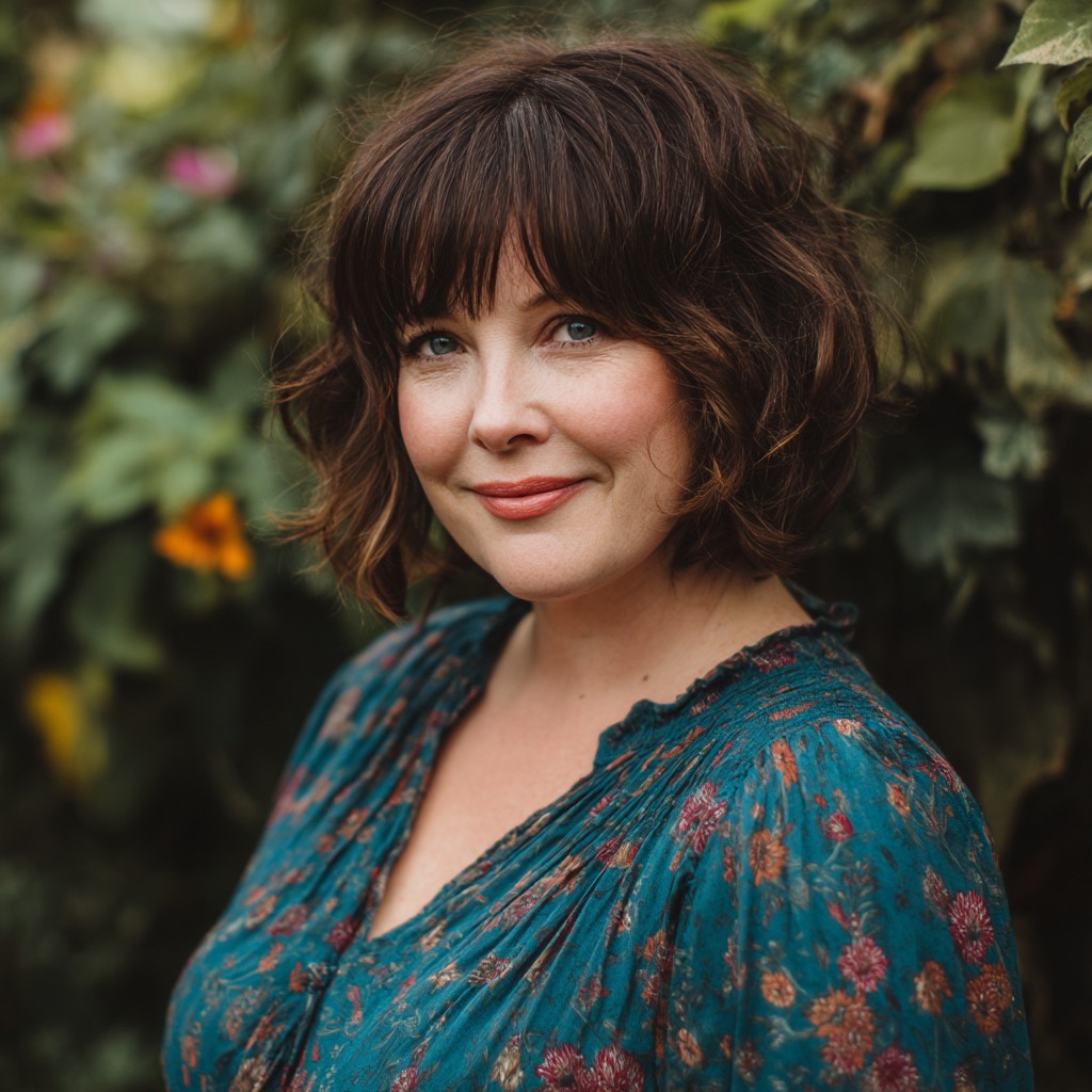 Charming 90s Curly Bob with Soft Bangs