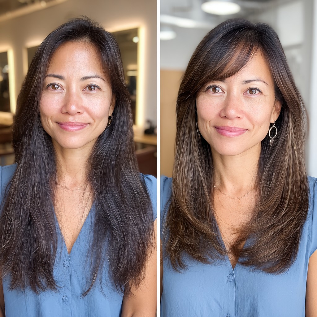 Elegant Long Layered Cut with Subtle Face-Framing Bangs