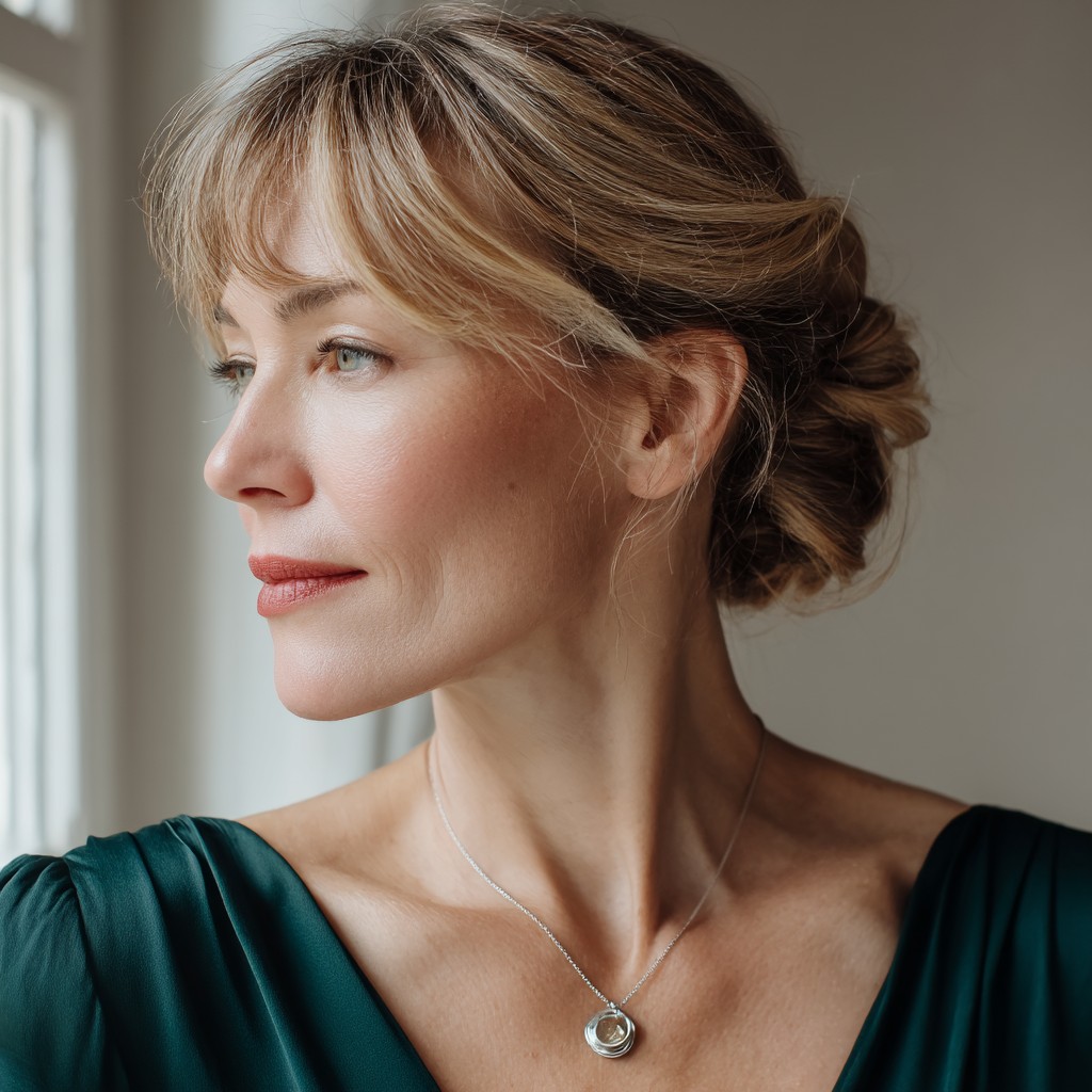 Classic Soft Updo with Face-Framing Bangs