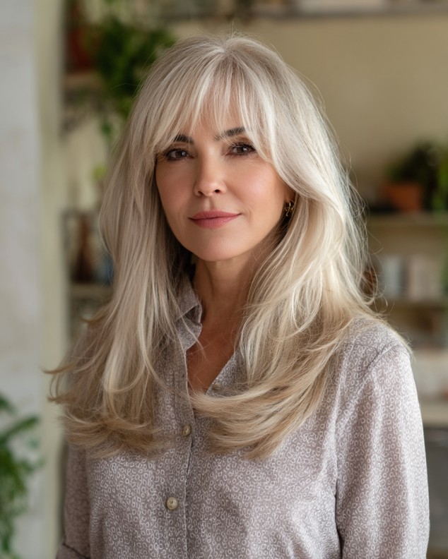 Elegant Long Layers with Soft Curtain Bangs
