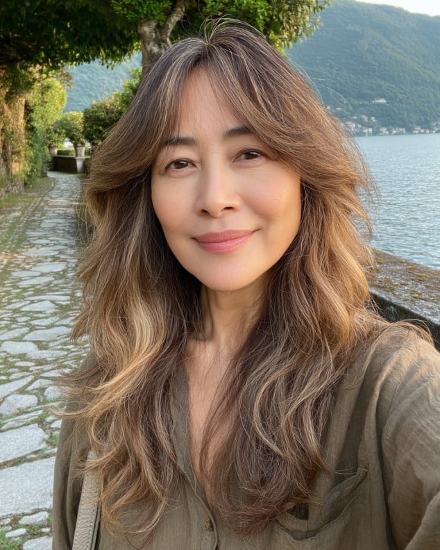 Effortless Long Layers with Soft Curtain Bangs