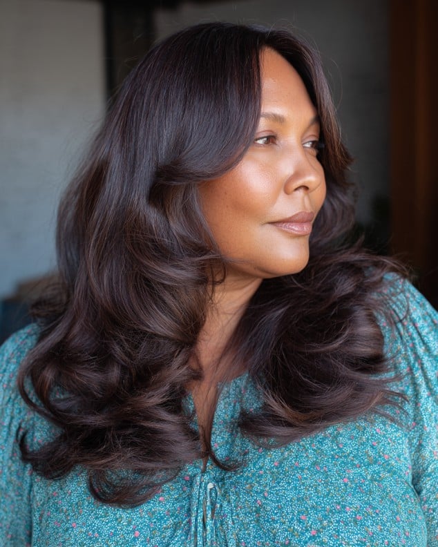 Luxurious Long Layers with Soft Curtain Bangs