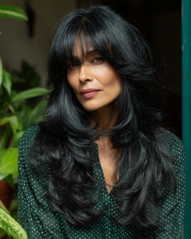 Luxurious Long Layers with Textured Curtain Bangs