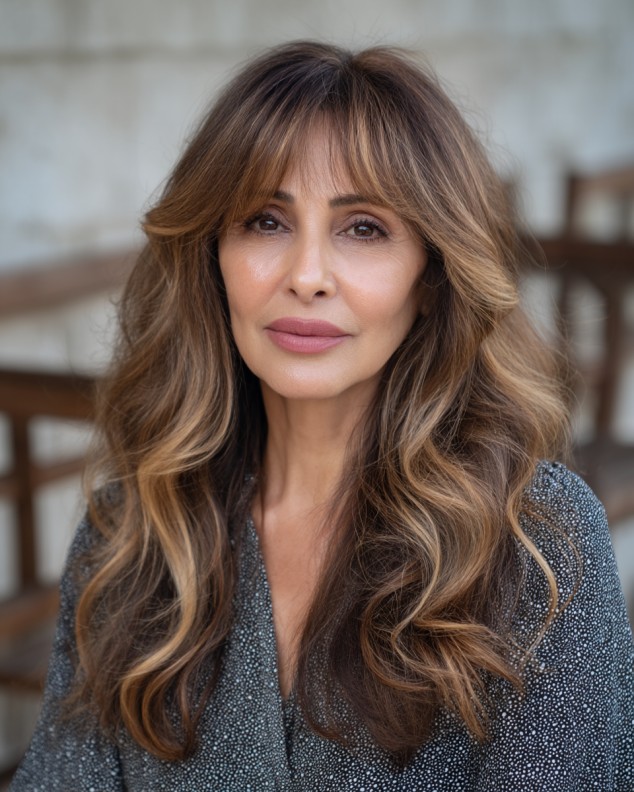 Modern Long Layers with Soft Curtain Bangs