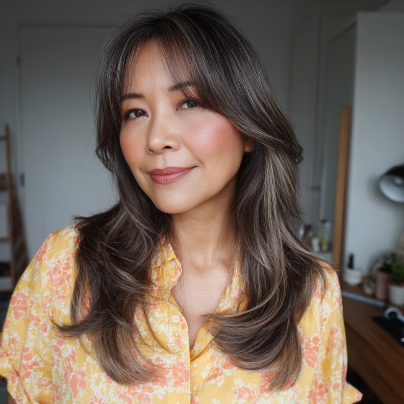Stylish Long Layers with Textured Curtain Bangs