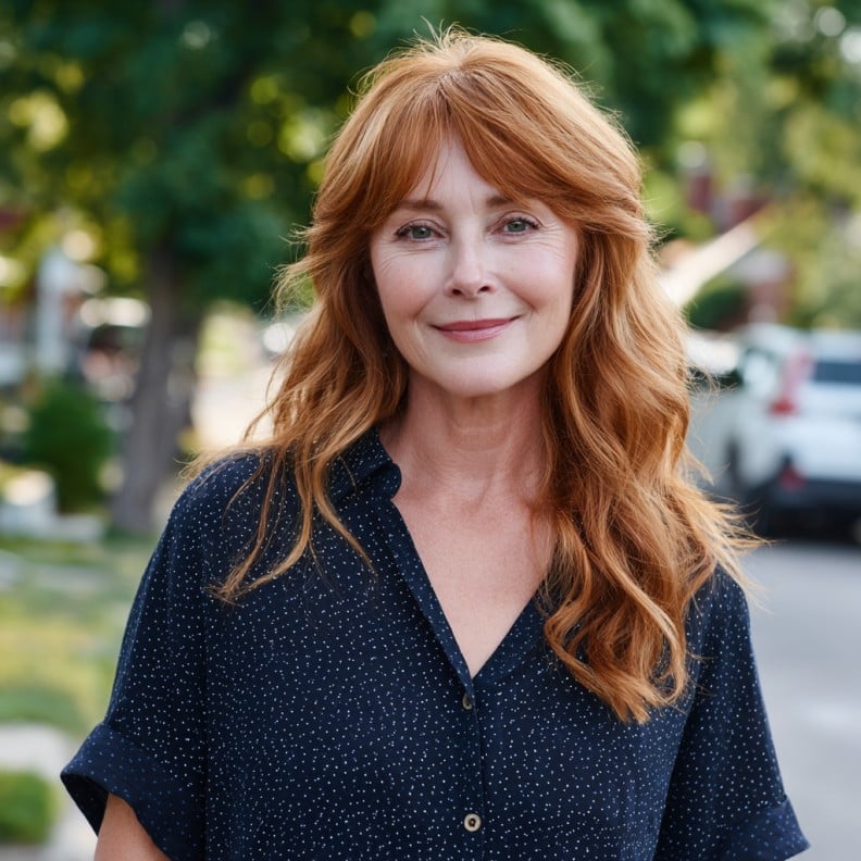 Warm Auburn Layers with Soft Curtain Bangs