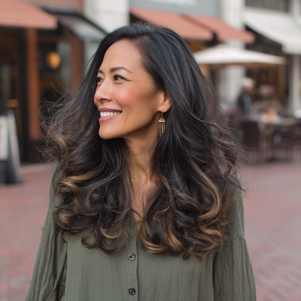 Beautifully Voluminous Long Black Hair with Subtle Highlights