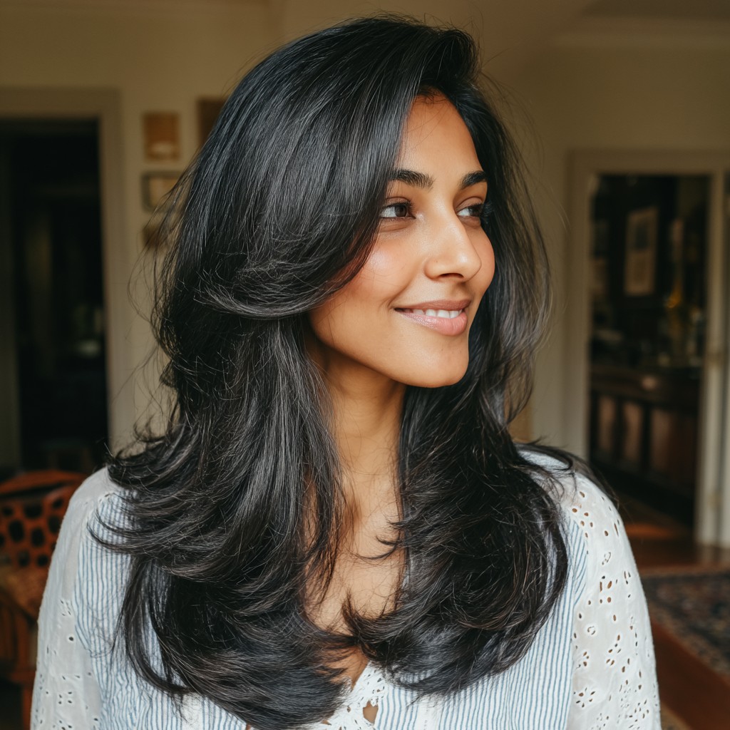 Chic Long Black Hair with Soft Layered Movement