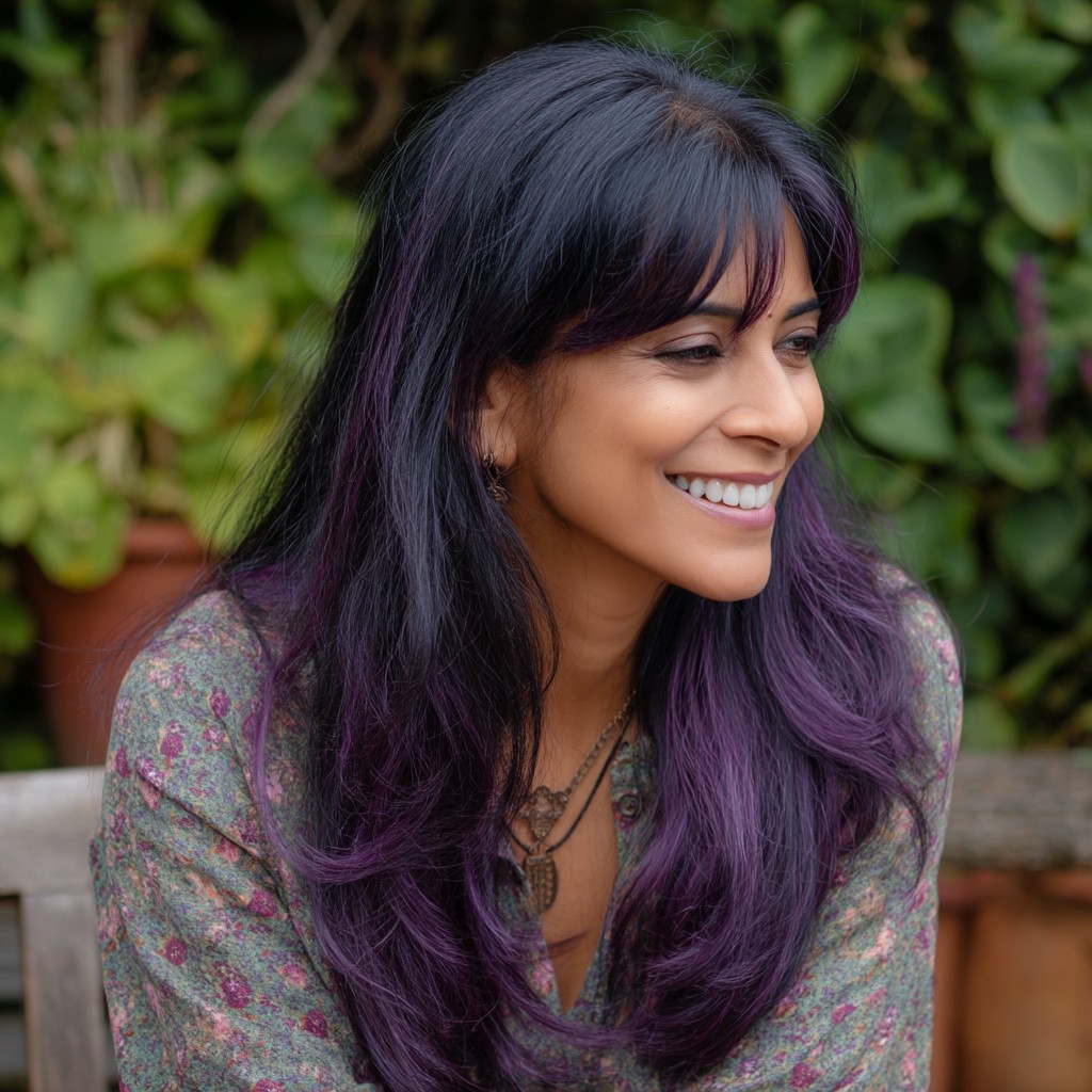 Chic Long Black Hair with Subtle Purple Highlights