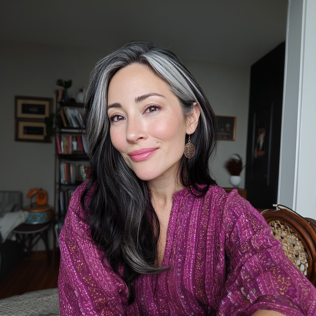 Elegant Long Black Hair with Distinctive Silver Highlights