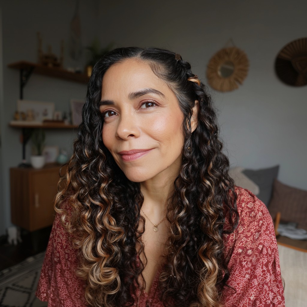 Textured Black Long Hair with Warm Highlights