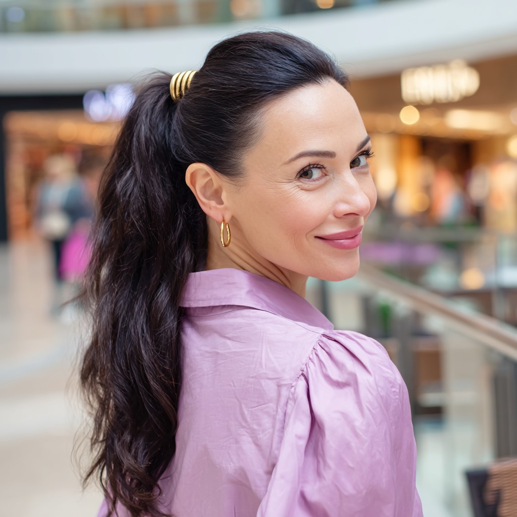 Trendy Long Black Hair with High Ponytail and Loose Curls