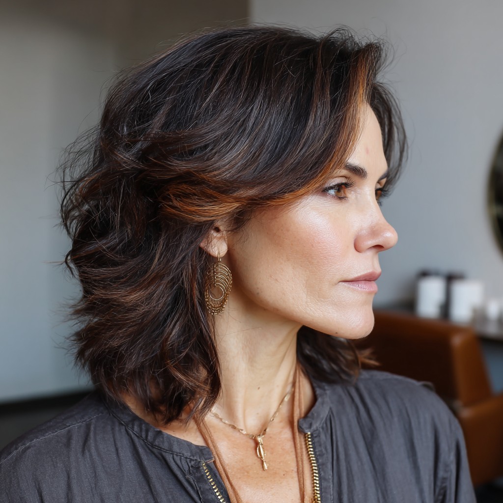 Chic Textured Feathered Layers with Warm Caramel Highlights
