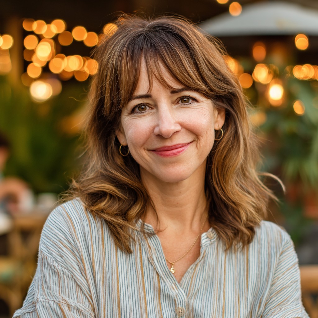 Effortlessly Layered Warm Brown Waves with Soft Bangs
