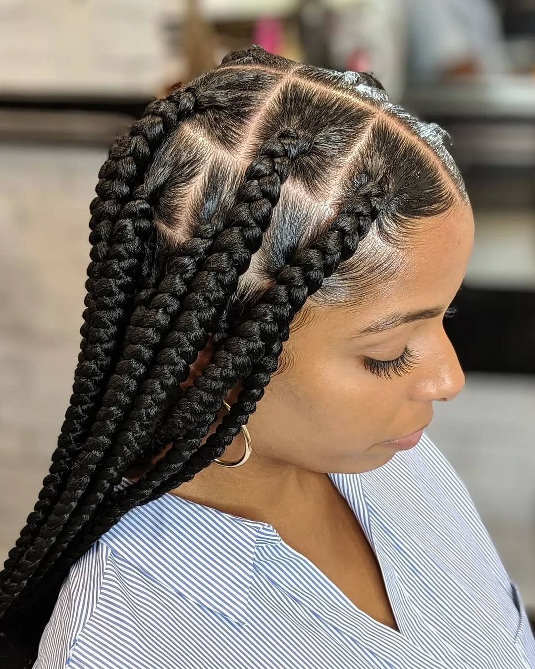 Intricate Jumbo Braids with Defined Square Parting