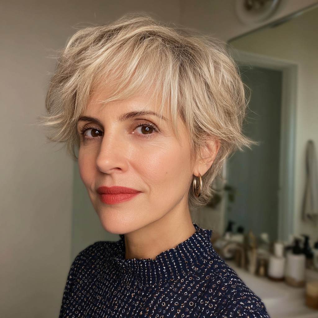 Modern Textured Feathered Cut with Soft Blonde Highlights