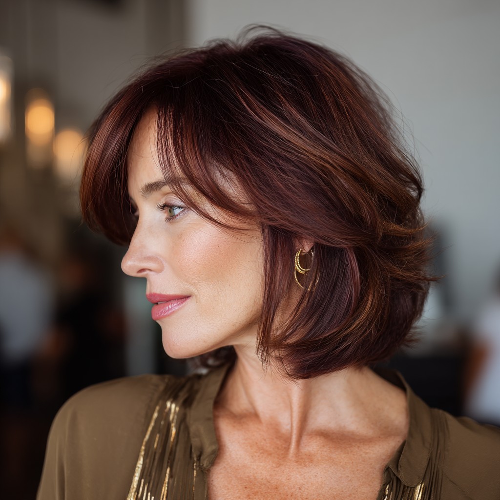 Warm Auburn Feathered Layers with Soft Face-Framing Highlights