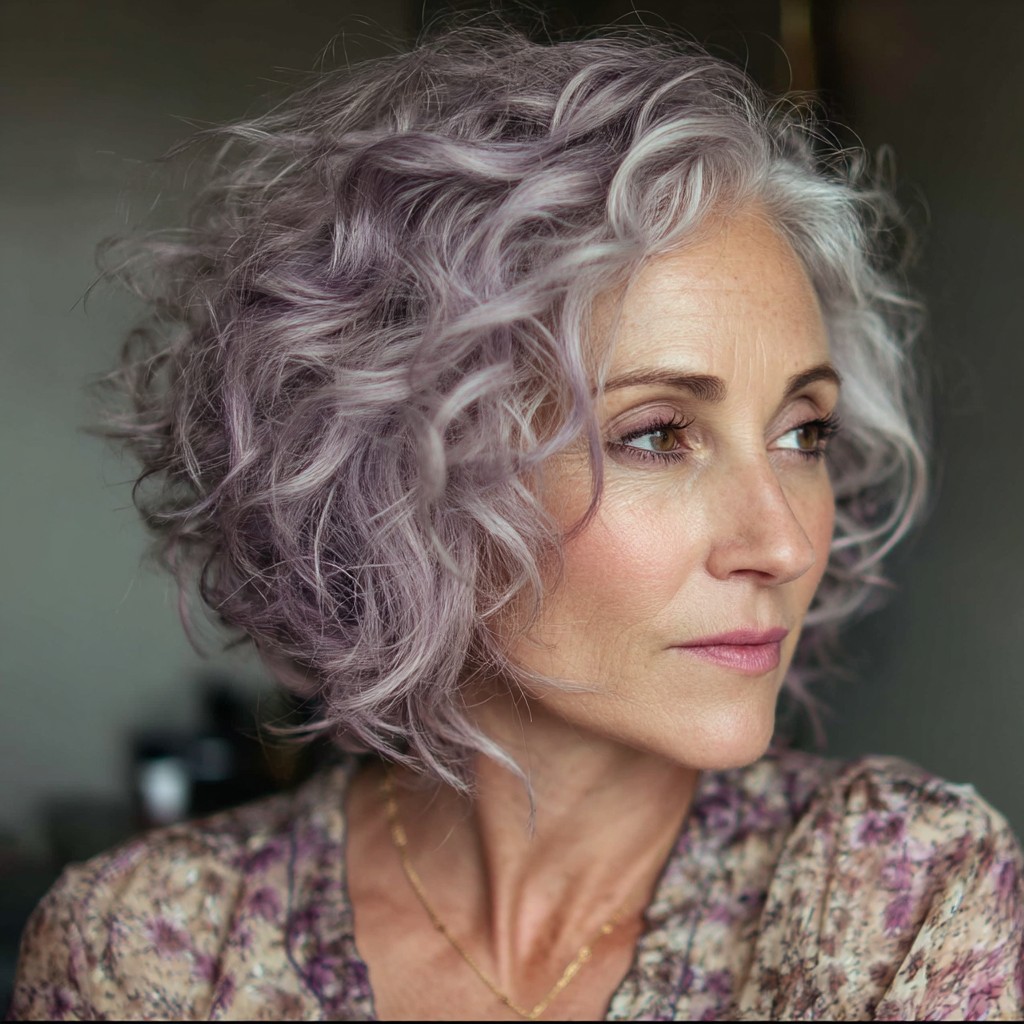 Chic Lavender Curly Bob with Soft Layers