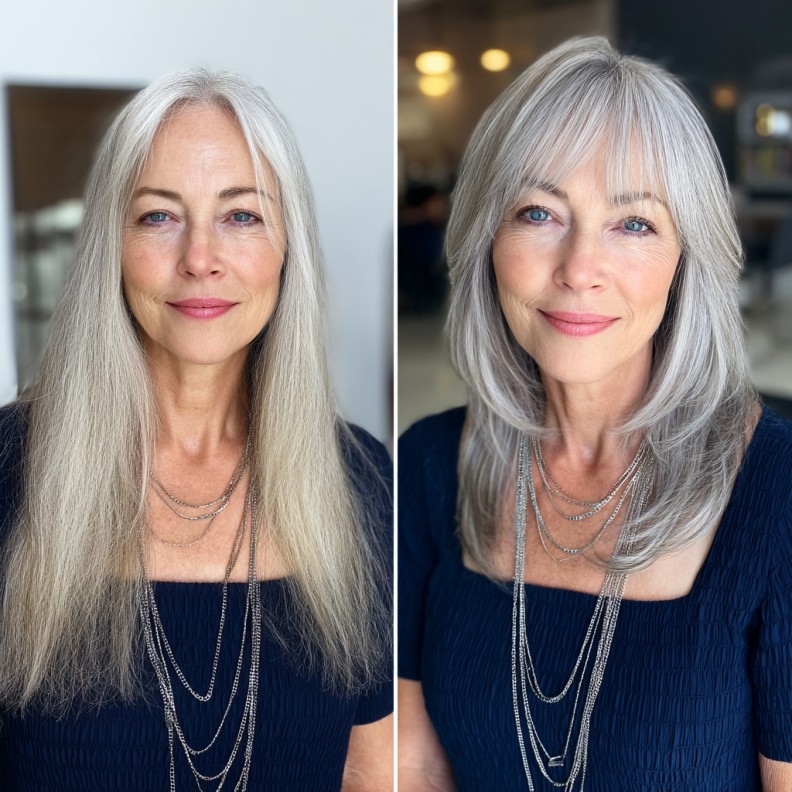 Chic Silver Layered Mid-Length Shag with Wispy Bangs