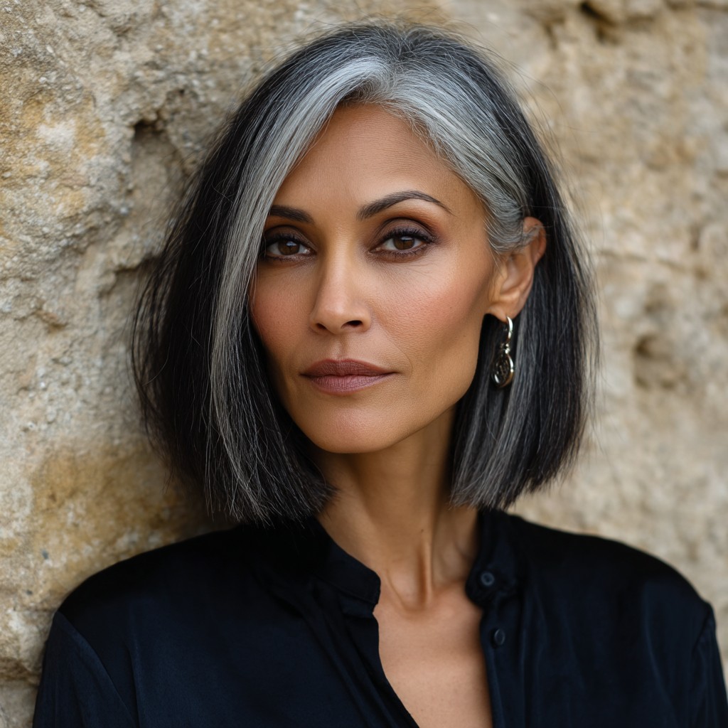 Chic Sleek Dark Bob with Silver Highlights