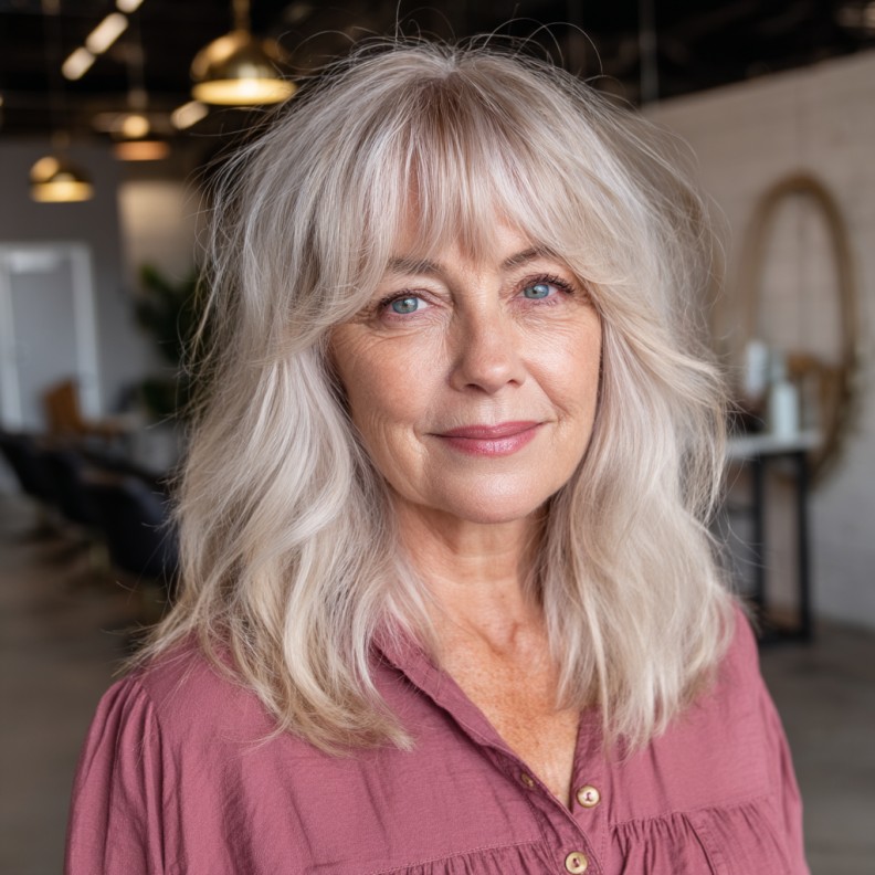 Soft Textured Mid-Length Shag with Wispy Bangs