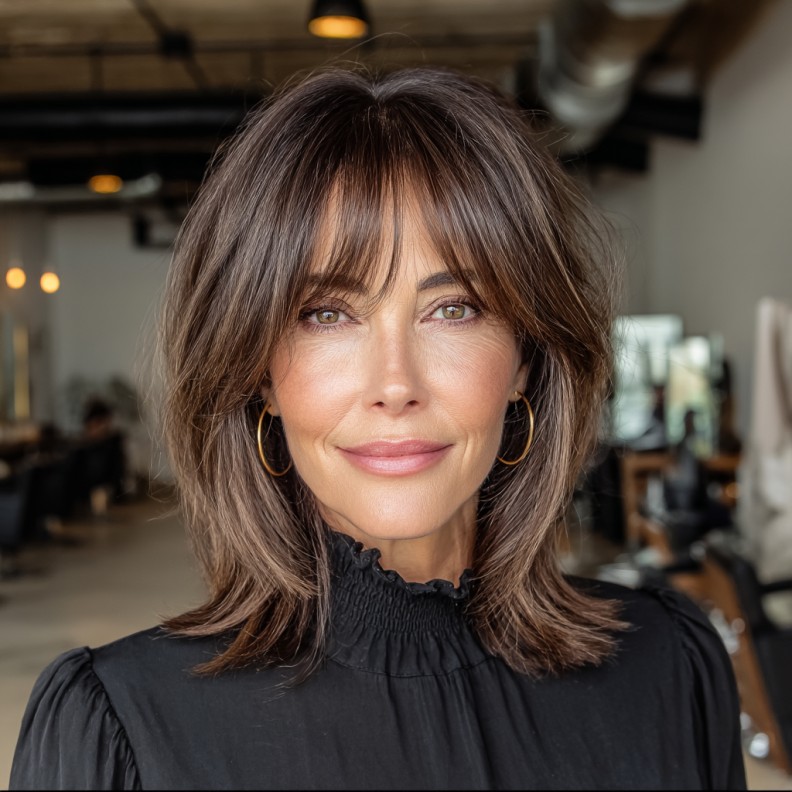 Stylish Layered Mid-Length Shag with Soft Bangs