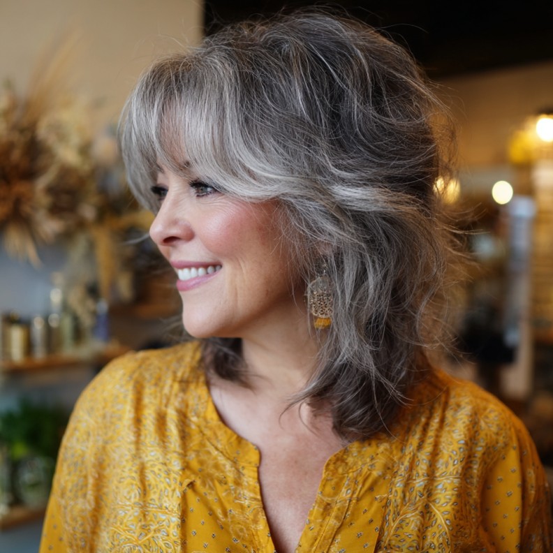 Stylish Silver Textured Mid-Length Shag with Soft Layers