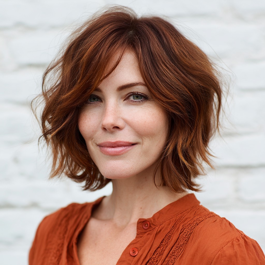 Textured Warm Copper Lob with Soft Waves