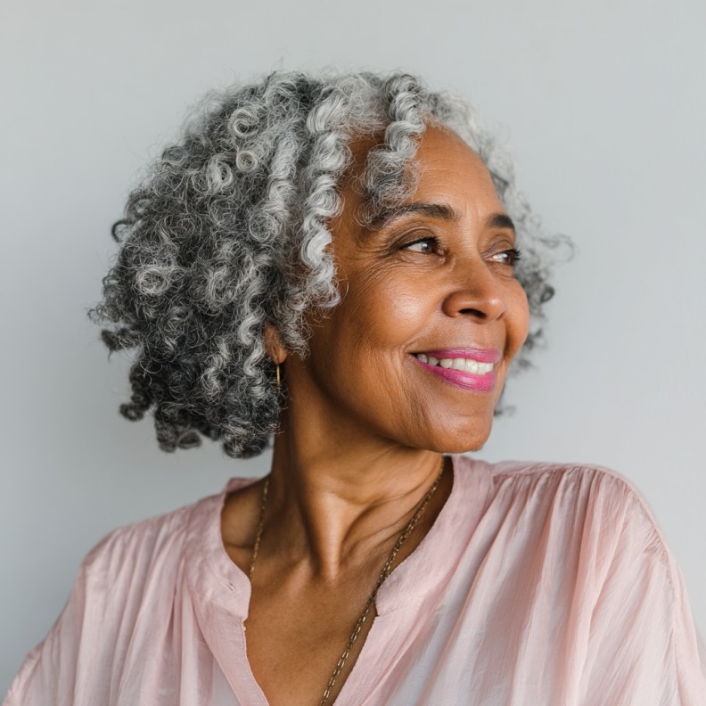 charming defined curly bob with silver highlights
