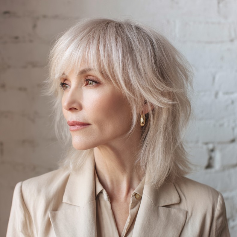 Chic Layered Mid-Length Shag with Soft Bangs