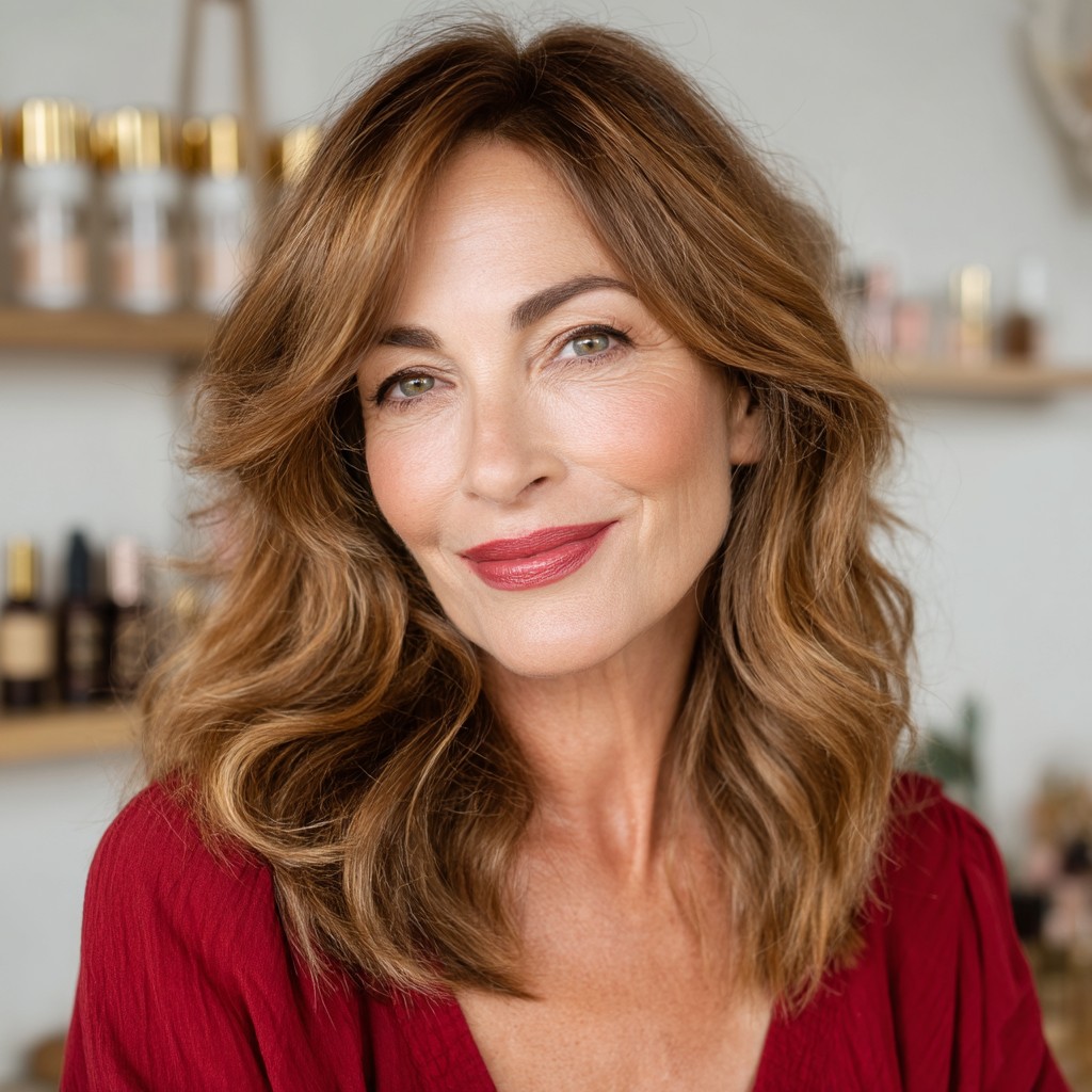 chic layered wavy cut with rich caramel highlights