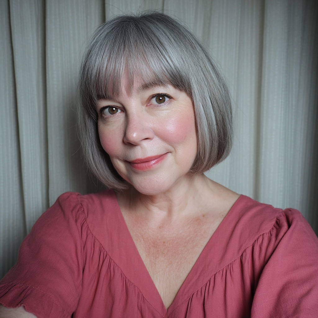 Chic Silver Blunt Bob with Soft Fringe