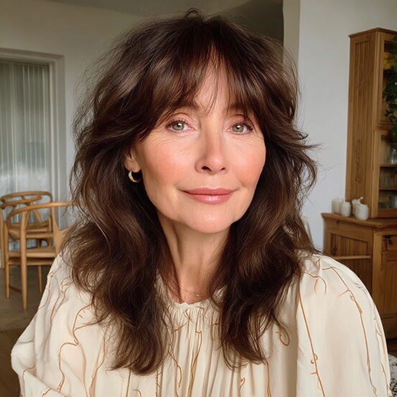 Chic Textured Mid-Length Shag with Soft Curtain Bangs