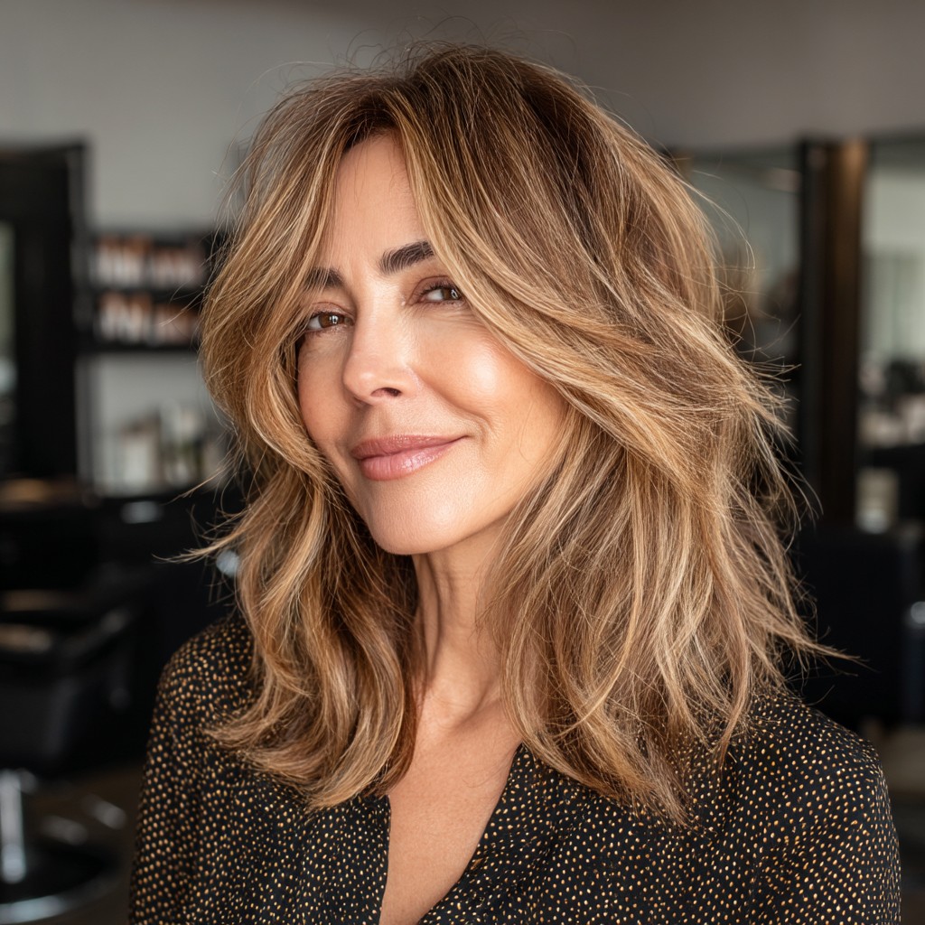 Dynamic Textured Medium-Length Cut with Sun-Kissed Highlights