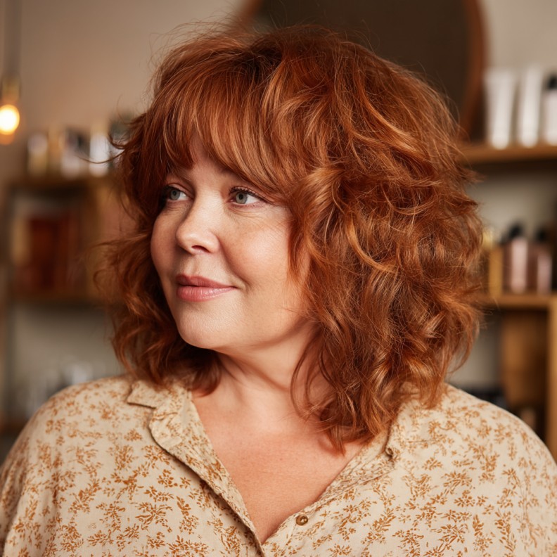 Fluffy Layered Mid-Length Shag with Bold Copper Highlights
