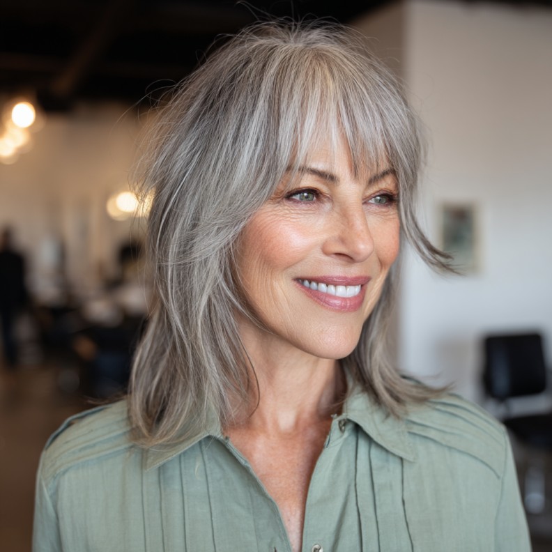 Layered Silver Mid-Length Shag with Soft Fringe