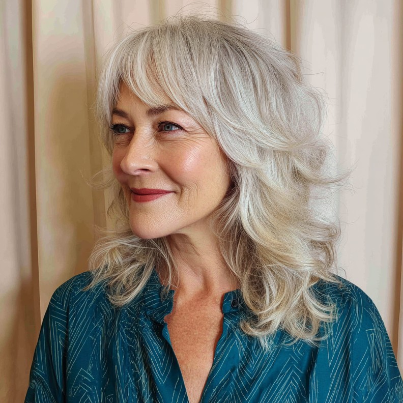 Softly Layered Silver Mid-Length Shag with Flirty Bangs