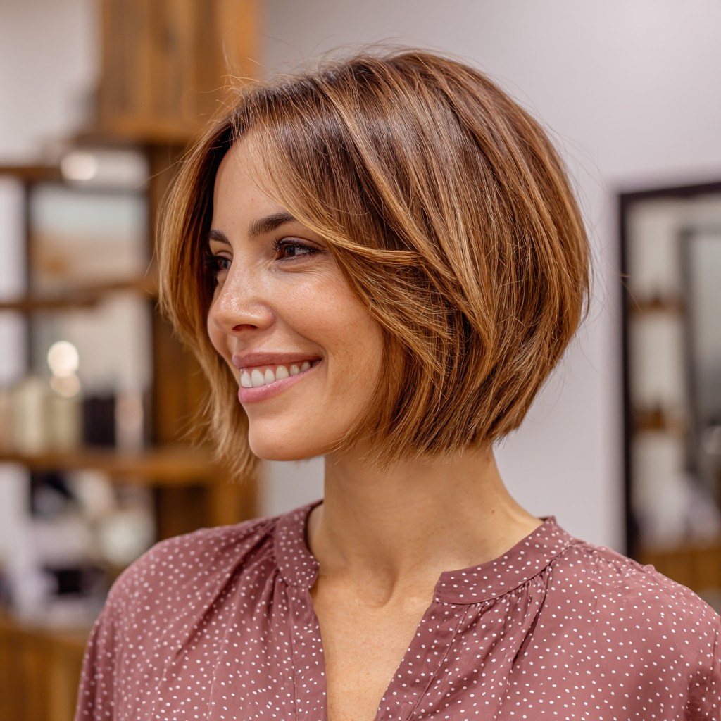 Textured Blunt Bob with Soft Caramel Highlights
