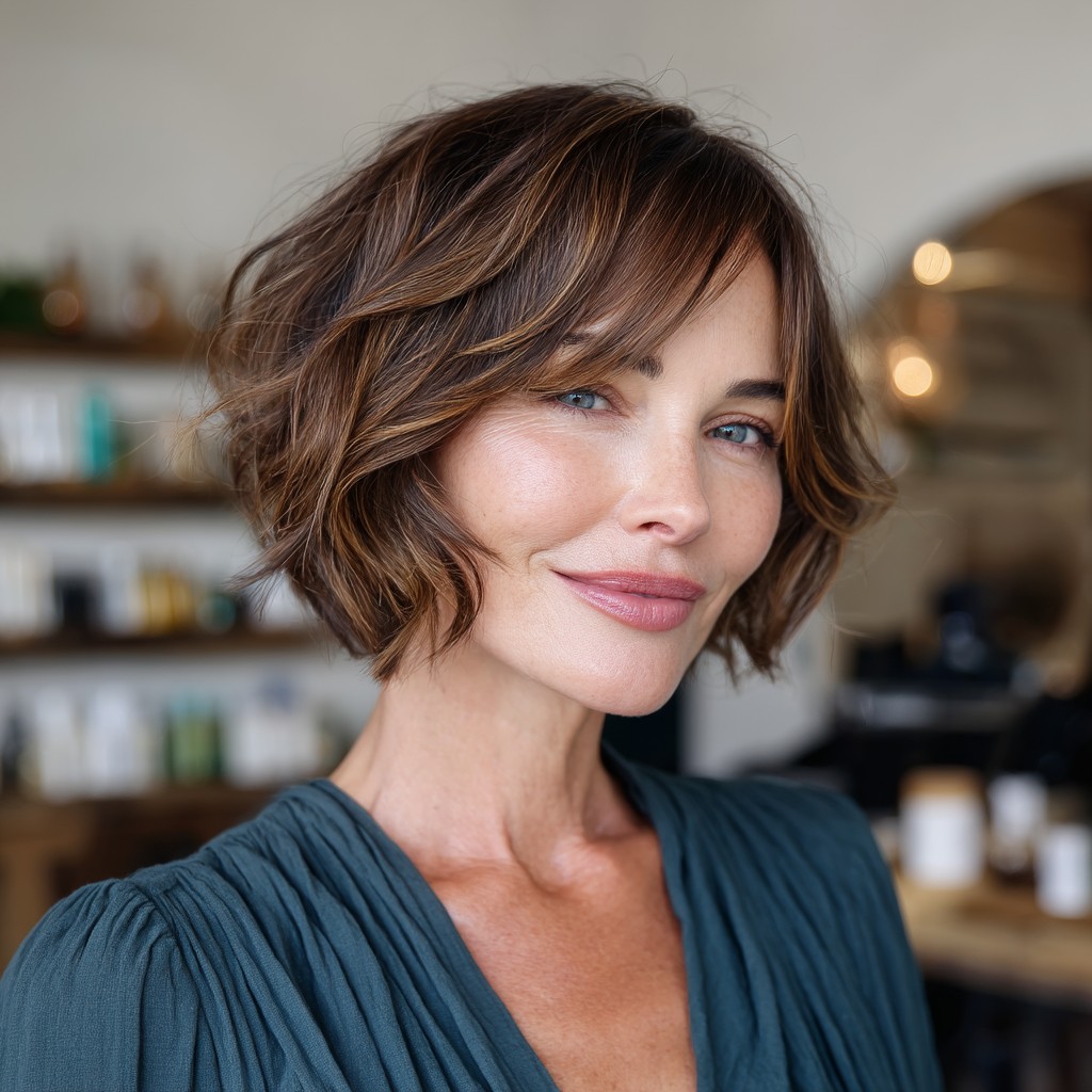 Textured Shoulder-Length Bob with Subtle Caramel Highlights