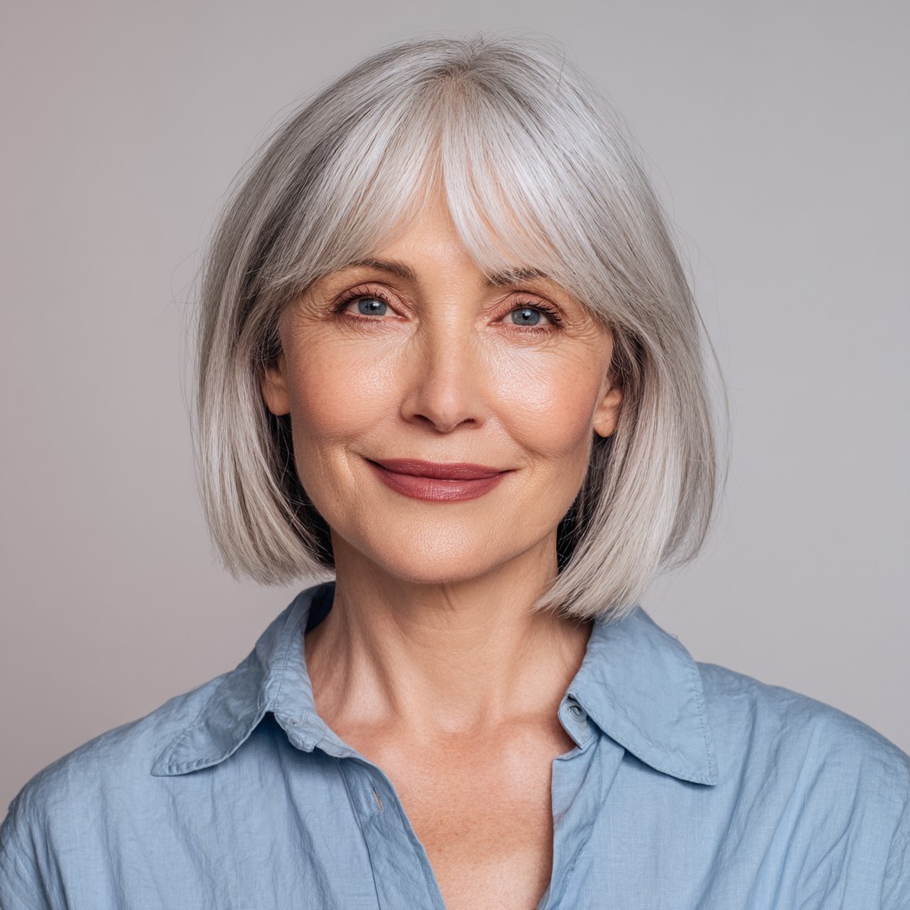 Timeless Silver Blunt Bob with Soft Fringe