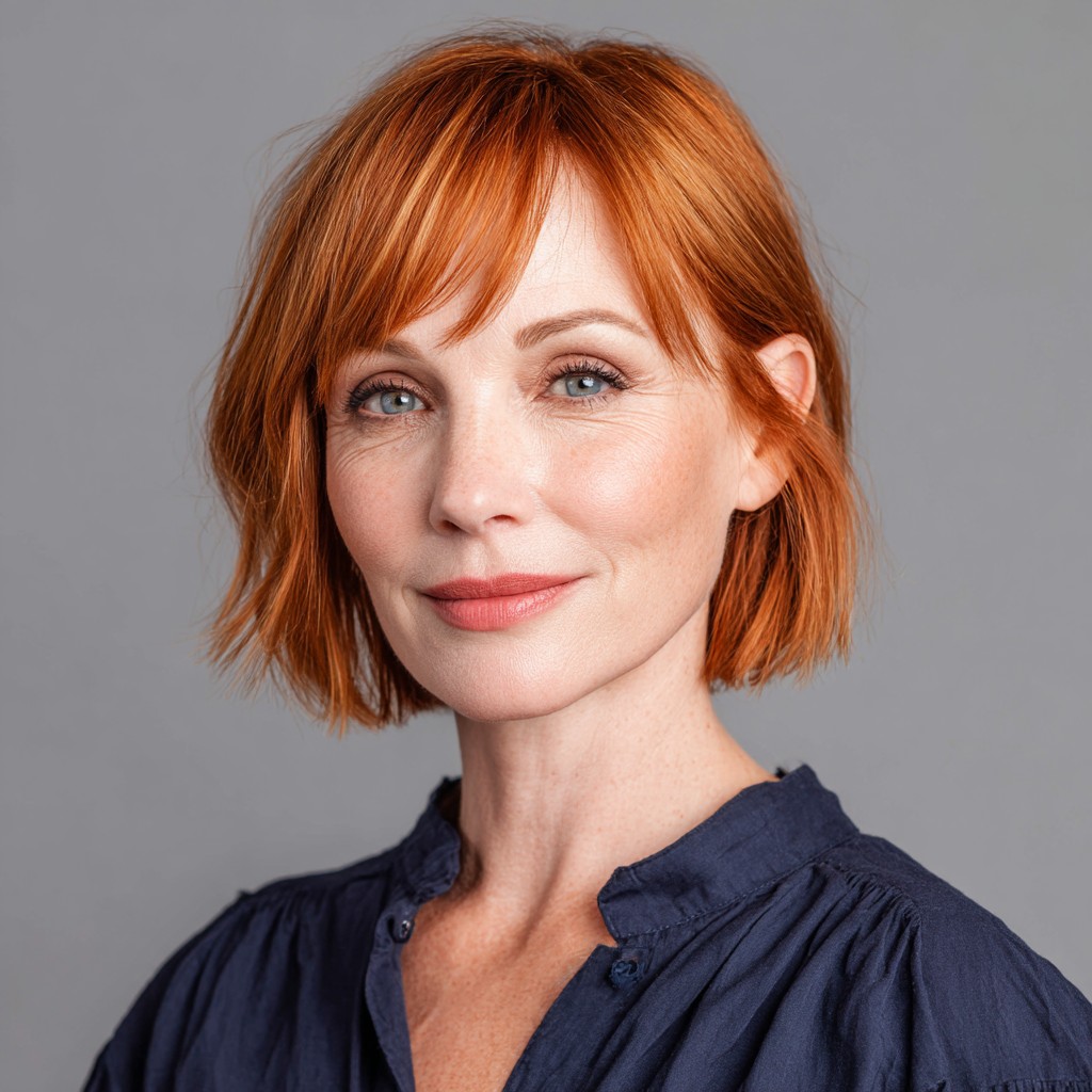 Vibrant Copper Blunt Bob with Soft Textured Layers