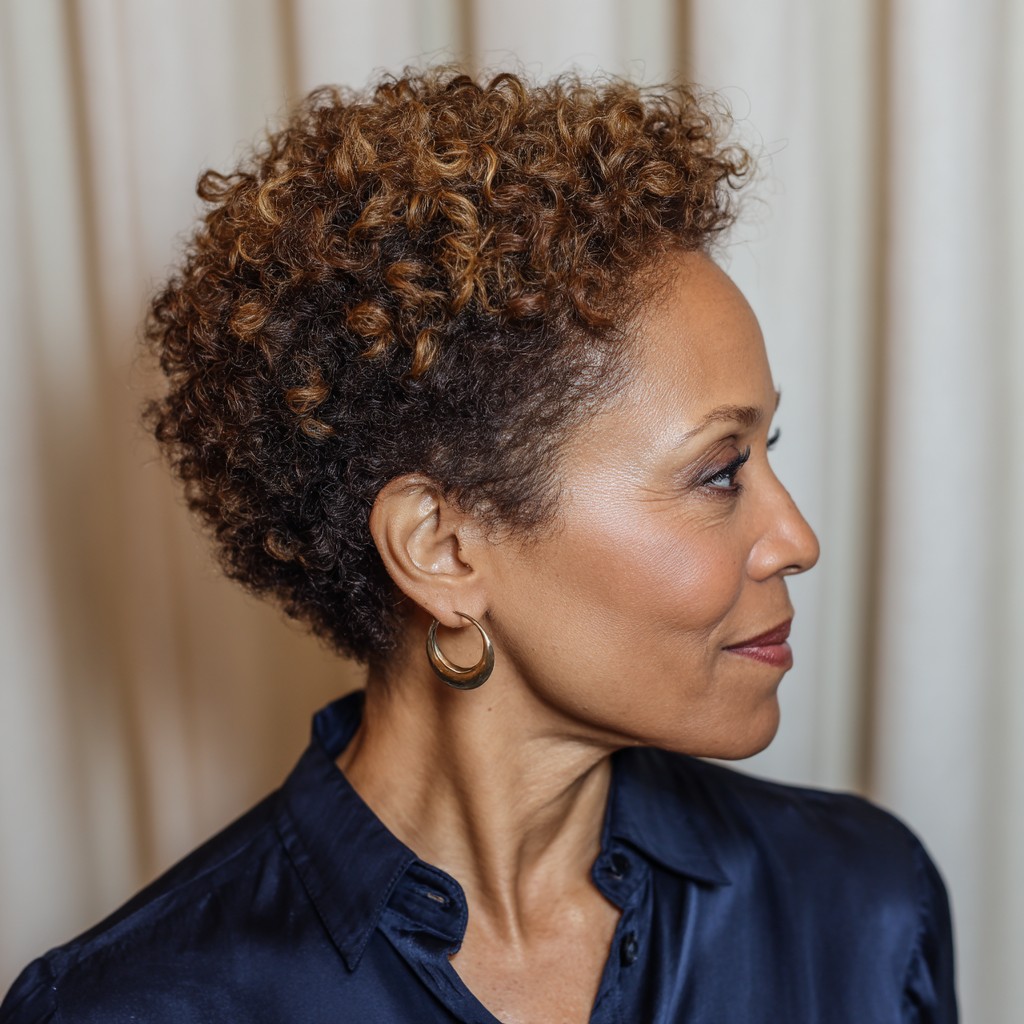 Chic Short Curly Pixie with Warm Highlights