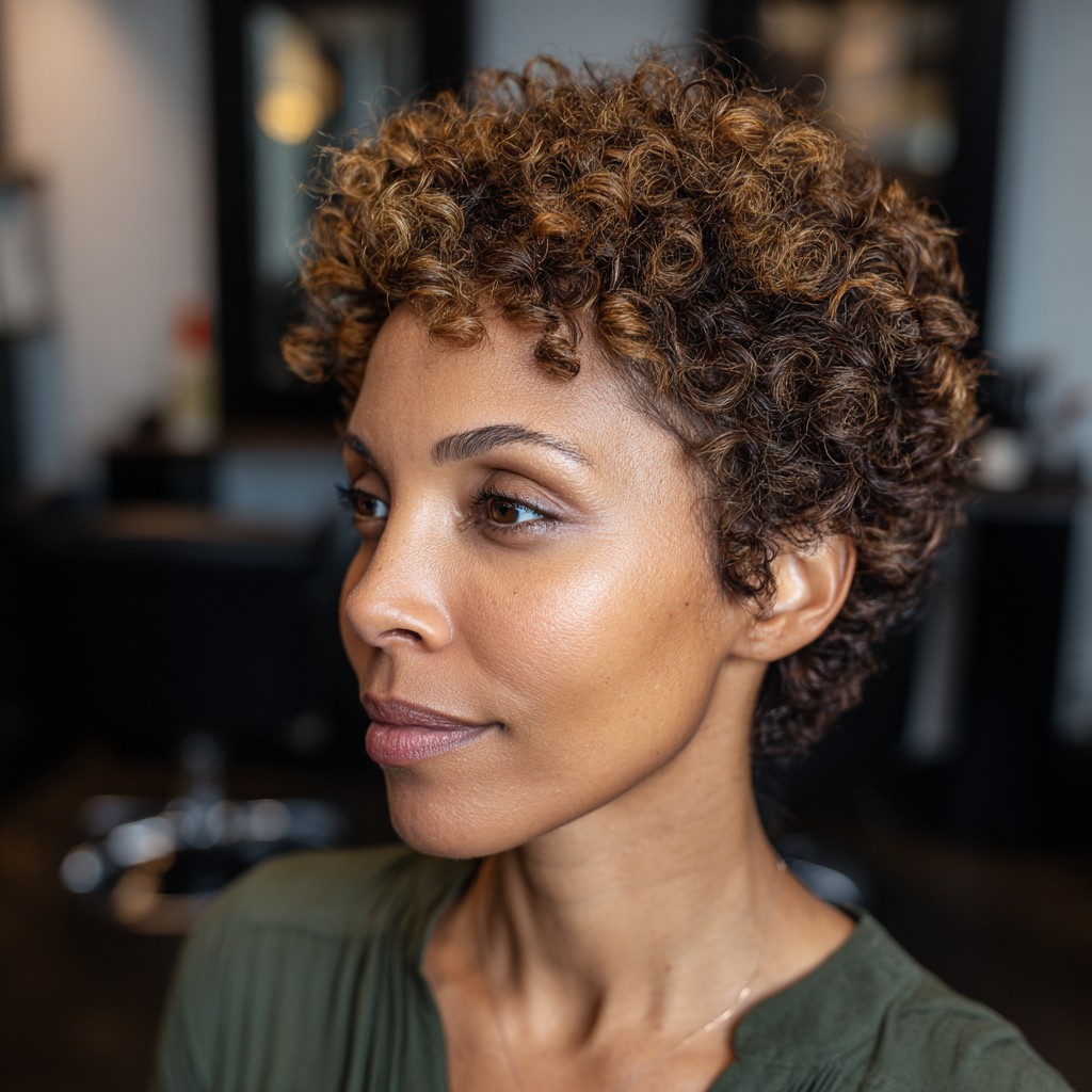 Defined Short Curly Pixie with Light Brown Highlights