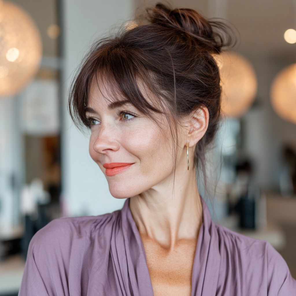 Effortlessly Chic Messy Bun with Soft Face-Framing Bangs
